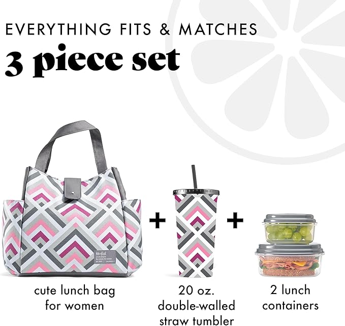 Fit & Fresh Lunch Bag For Women, Insulated Womens Lunch Bag For Work, Leakproof & Stain-Resistant Large Lunch Box For Women With Containers and Matching Tumbler, Snap Closure Westport Bag Magenta