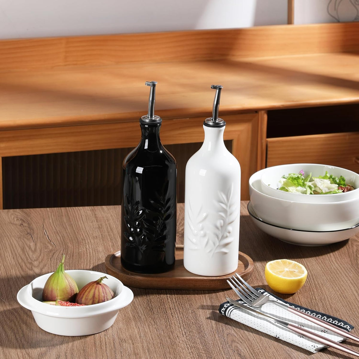 Sweejar Ceramic Olive Oil Dispenser Bottle, 20 Oz Relief Opaque Oil Cruet Protects To Reduce Oxidation, Suitable for Storage Vinegar, Soy Sauce,Liquids,Set of 2 (White Black)