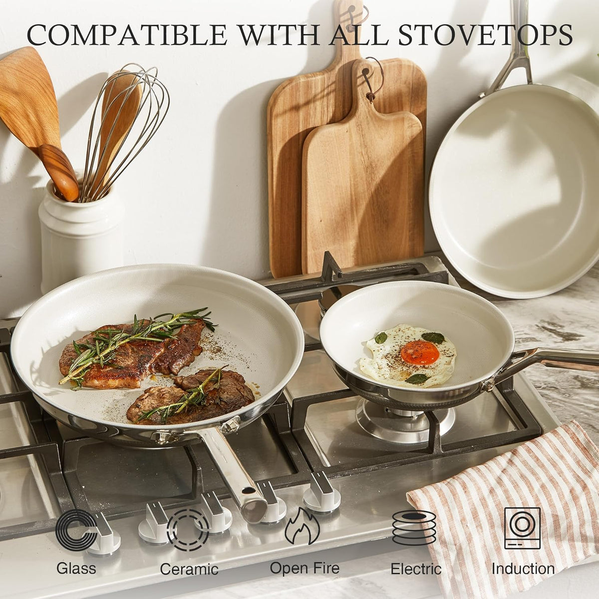KITEXPERT Non Stick Frying Pans Set, Beige Titanium Ceramic Pan, Nonstick Skillet Stainless Steel, PFAS, PFOA & PTFE Free, Dishwasher & Oven Safe, All Cooktops Compatible, 3 Piece (8", 10", 12")