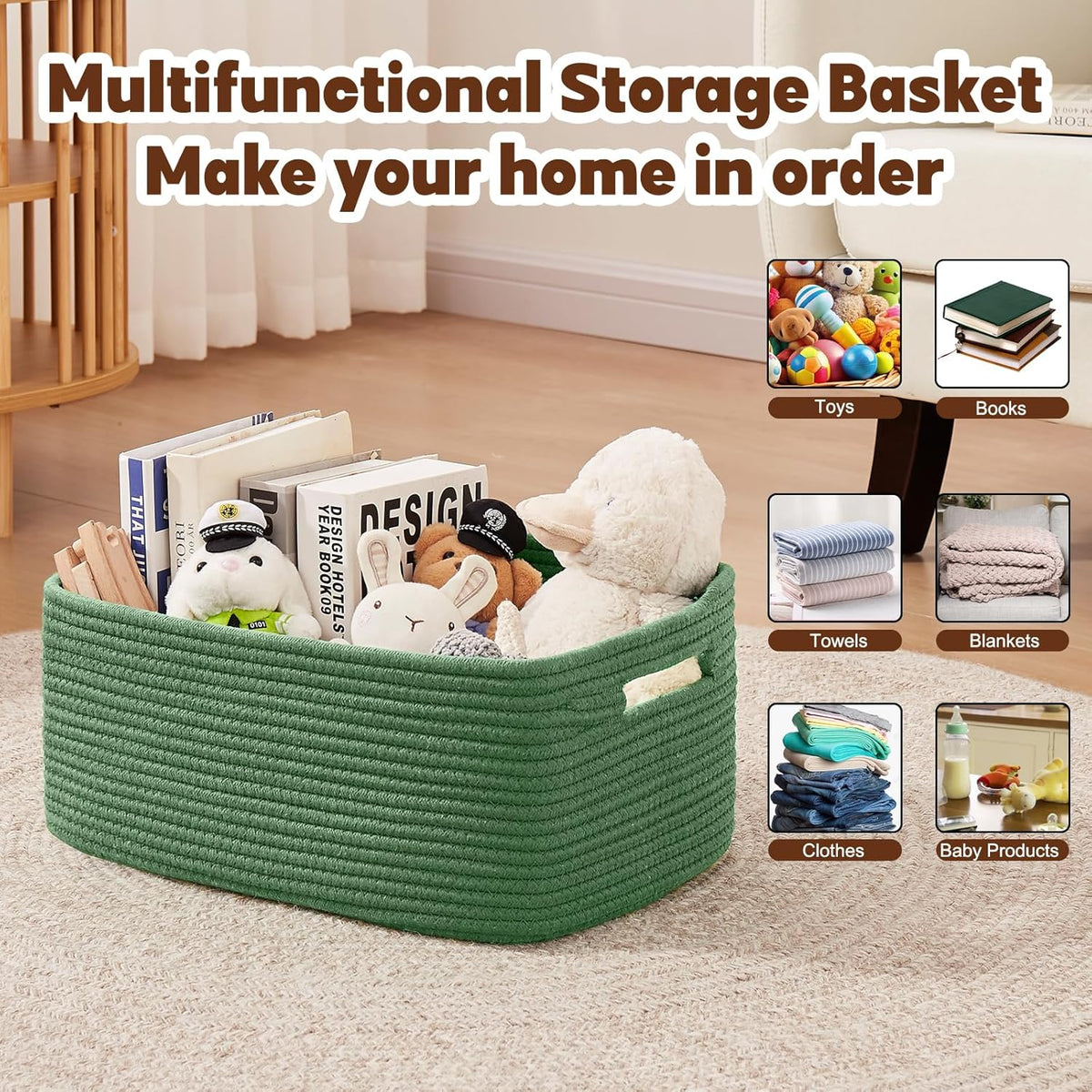 OIAHOMY Storage Basket for Shelves, Closet Cube Storage Bins Baskets for Clothes Blanket Towels, Baby Nursery, Toy Baskets Box, Woven Rope Basket, 15.75*11.81*7.09 IN, 2 Packs Olive Green