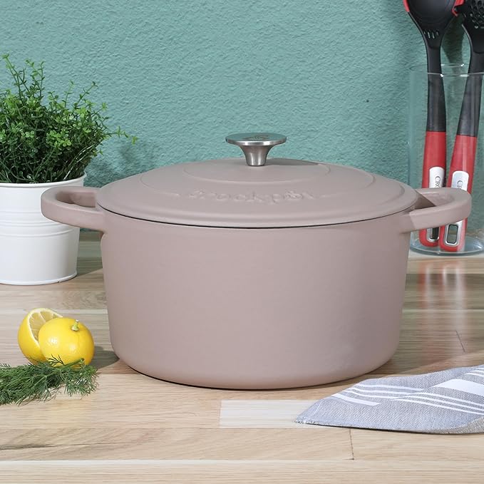Crock Pot Artisan 7-Quart European Enameled Round Cast Iron Dutch Oven Pot With Lid - Matte Dusty Pink