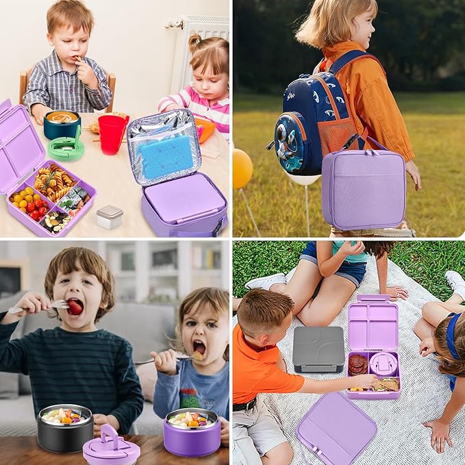 Bento Lunch Box with 8oz Soup Thermo,Kids Leakproof 4 Compartment Lunch Food Containers with Sauce Cup and Ice Pack,Kids Thermo Insulated Hot Food Jar and Lunch Bag for School,Trvael-Purple