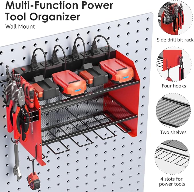 CCCEI Modular Power Tool Organizer Wall Mount with Charging Station. Garage Drill Storage Shelf with Hooks, Heavy Duty Rack, Tool Battery Holder Built in 8 Outlet. Gift for Men. Red, 2 Pack.