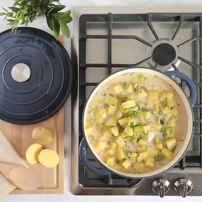 Gibson Home Addlestone 7 Qt Enameled Cast Iron Dutch Oven Pot with Lid – Round, Oven Safe to 500°F, Ideal for Bread Baking & Stews - Gradient Navy Blue