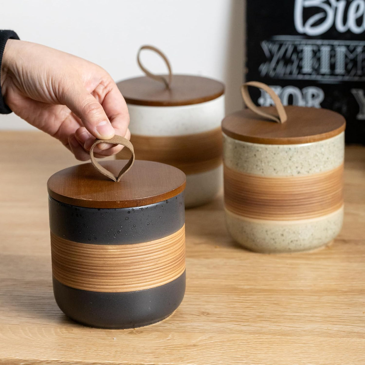 Small Ceramic Jar with Lid, Coffee Container Kitchen Food Storage Jars for Spice Sugar Tea Bag Matcha Container Airtight, Stacairtightkable Decorative Jars for Countertop, Black & 5oz