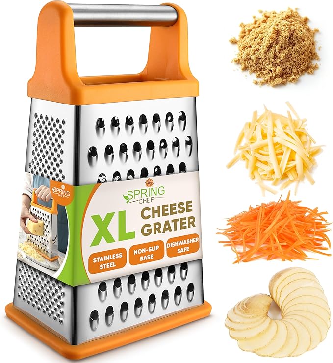 Spring Chef Handheld Stainless Steel XL Parmesan Cheese Grater with Handle - 4 Sided Manual Box Grater for Kitchen - Dishwasher Safe Cheese Shredder for Carrot, Potato, Vegetables, Hash Brown - Mango