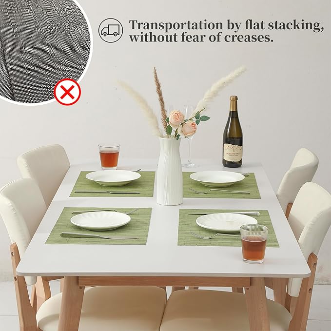 Leetaltree Pea Green Placemats Set of 4 - Heat Resistant Non-Slip Place mats for Dining Table, Washable Durable PVC Vinyl Woven Table Mats（Pea Green, 4）