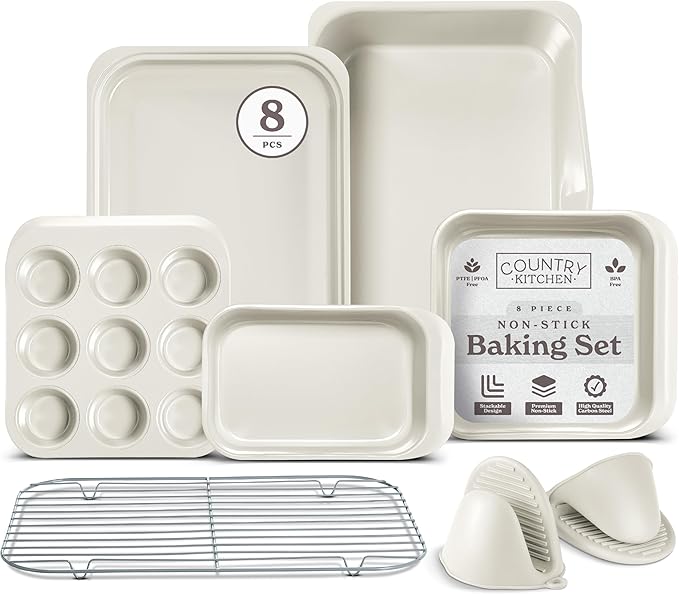 Country Kitchen Nonstick Stackable Bakeware Set - Deluxe Heavy Duty, Durable, Easy Release Baking Set, 8 Pcs, Cream