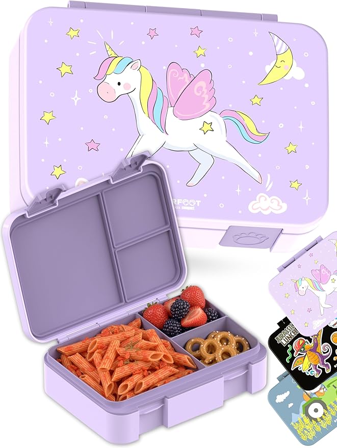 BEARFOOT Kids Lunch Box with Compartments – Compact & Lightweight | Leak-Proof, BPA-Free, Dishwasher & Microwave Safe | Hand-Drawn Design for Preschool, School, Travel (Unicorn Purple, 4 Cups)