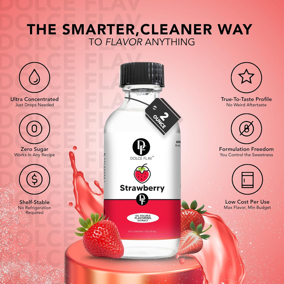 Dolce Flav Strawberry Extract 8 oz – Kosher, Sugar-Free, Concentrated Berry Flavor for Candy, Chocolates & Desserts, Includes Measured Dropper