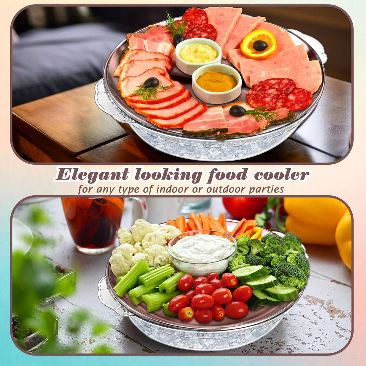 Baderke 3 Set 11.8" Chilled Serving Tray for Parties with Compartments Ice Chilled Party Platter Charcuterie Serving Board Cold Dish Dip for Fruit Seafood Vegetable Shrimp Cocktail (Rose Gold)