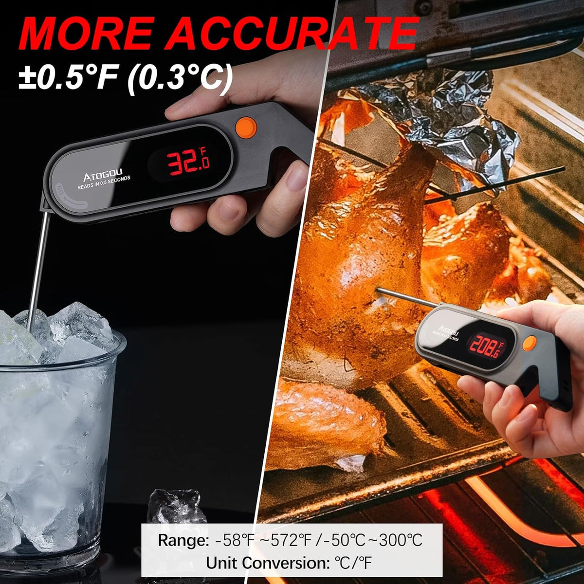 Meat Thermocouple Thermometer Digital, Ultra Fast Instant Read <1 Sec, ±0.5℉ Accuraty, IP67 Waterproof, LED Display, Auto Off, Digital Kitchen Thermometer for Meat/Candy/Grill/BBQ etc. TH-21(Black)
