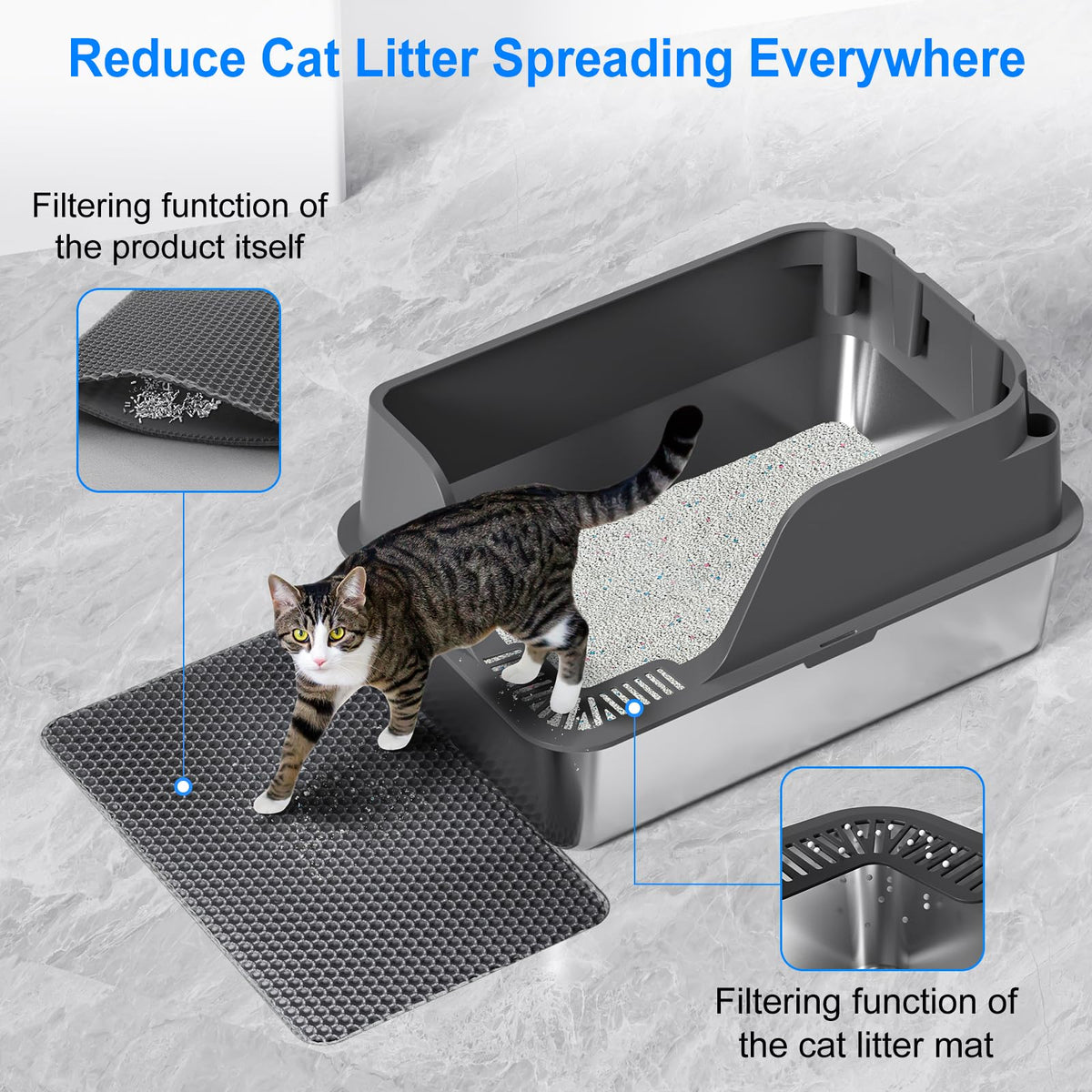 Non-Stick Stainless Steel Litter Box, XL Side Open Splash-Proof&Leak-Proof
