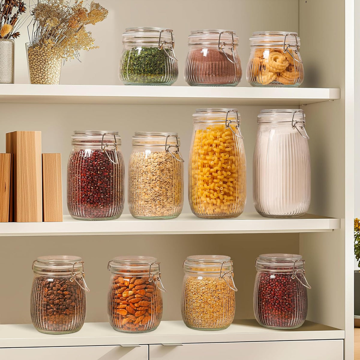 ComSaf Airtight Glass jar with lid 51oz Set of 3, Glass Storage Containers with Lids, Large Glass Canister, Striped Clip Fastening Jar for for Canning, Flour, Pasta,Coffee Beans, Cereal, Rice, Pickle