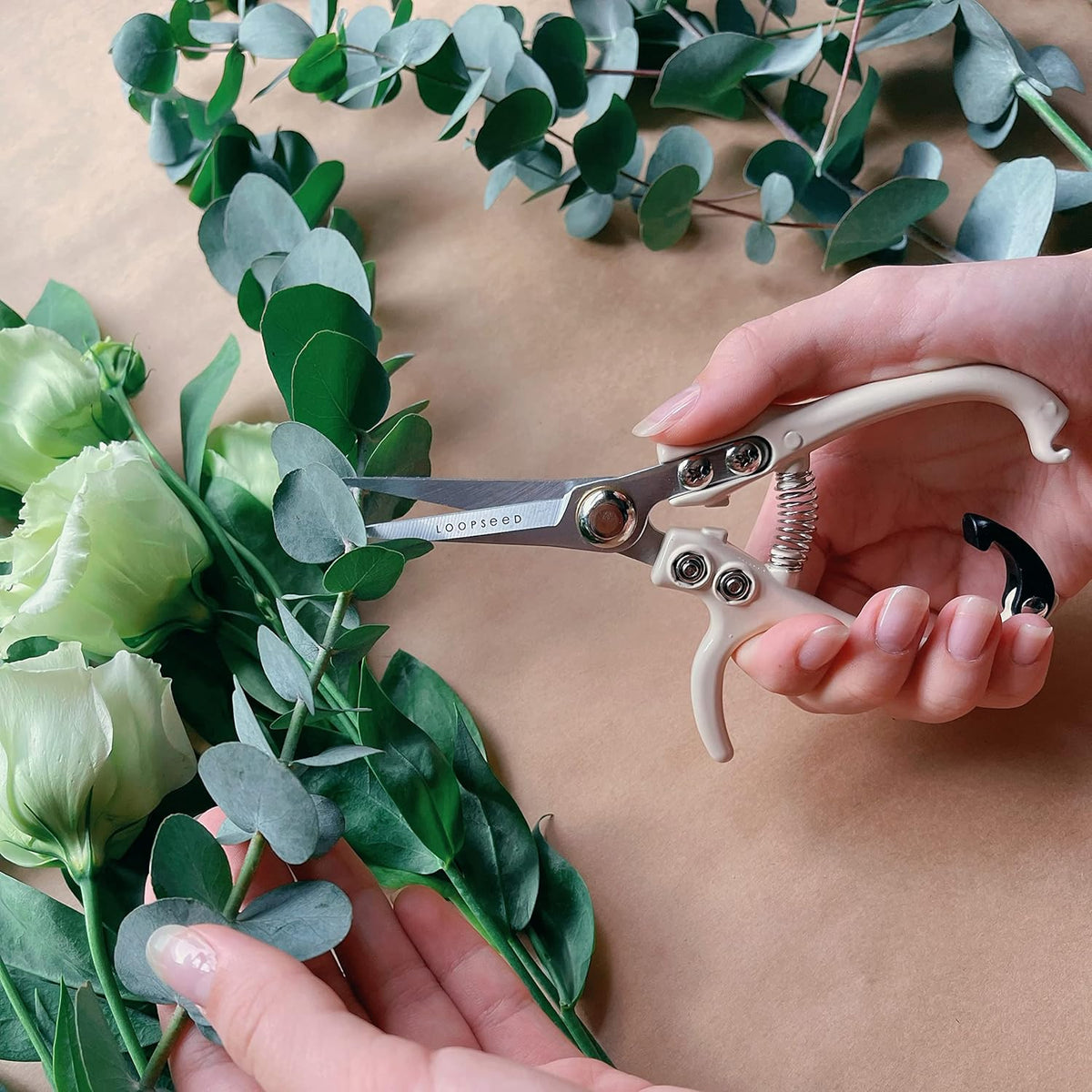 Plant Pruning Shears with Vegan Leather Sheath Garden Trimming Scissors with Belt Holster Bonsai Trimmers Herb Snips Flower Clippers Modern Tools 2 Piece Bundle (Cream Pruner Beige Sheath)