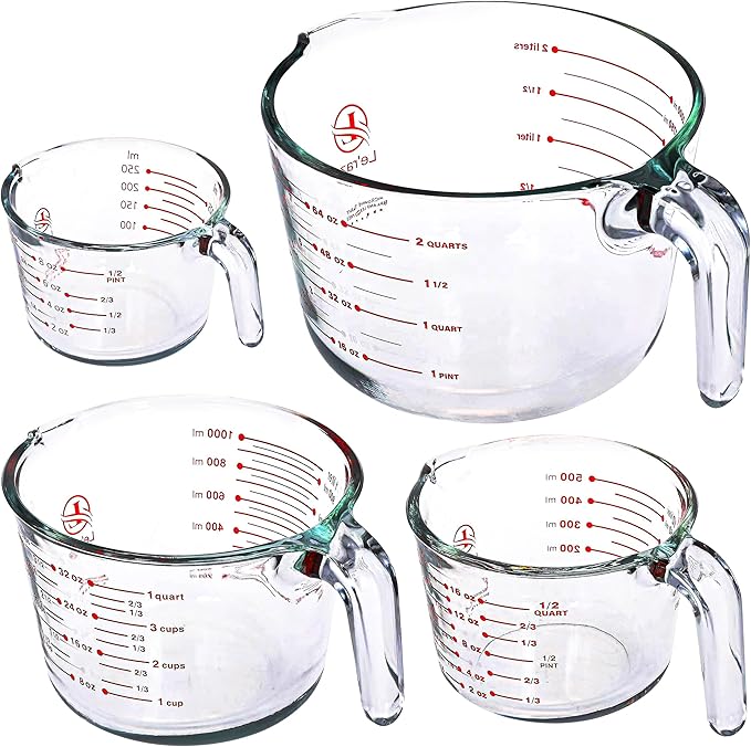 Le’raze Glass Measuring Cups Set of 4 – Heat-Resistant, Easy-Read Measurements, Ergonomic Handle & Pour Spout, Dishwasher Safe, Kitchen Bakeware Liquid Batter Mixing Bowls (1 cup, 2 cup, 4 cup, 8 Cup)