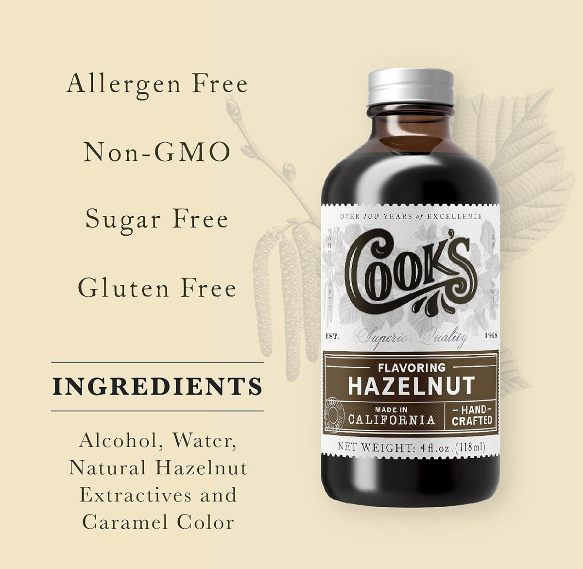 Cook's, Pure Hazelnut Flavor, Perfect for Baking and Cooking, Certified Kosher, Gluten Free, Allergen Free, Vegan, 8 oz