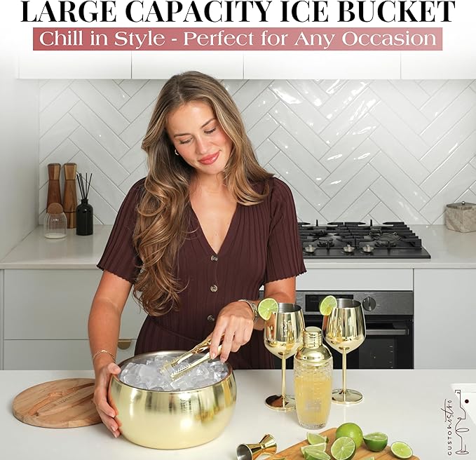 Gusto Nostro 4.1L Insulated Ice Bucket with Lid and Tongs, Double Wall Stainless Steel Ice Bucket Large, BPA Free Ice Bucket for Cocktail Bar, Keeps Champagne, Wine, Beer Chill for Parties (Gold)