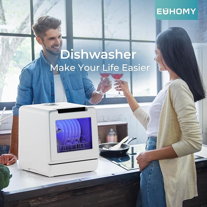 EUHOMY Countertop Dishwasher Portable with 8 Programs, 5L Built-in Water Tank, 167℉ High-Temp, No Hookup Needed, Portable Dishwasher with Slef-Clean/Baby Care/Air Dry/Quick/ECO/Fruit/Normal Mode