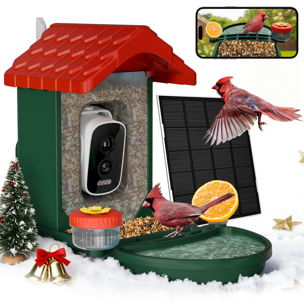 VISIOGEAR 2-in-1 Smart Wild Bird Feeder & Bath with 4K HD Camera, AI Identification Solar Bird Feeder Watching Camera Night Vision for Outdoor Birds Watching Gifts for Birdlover, Red & Green