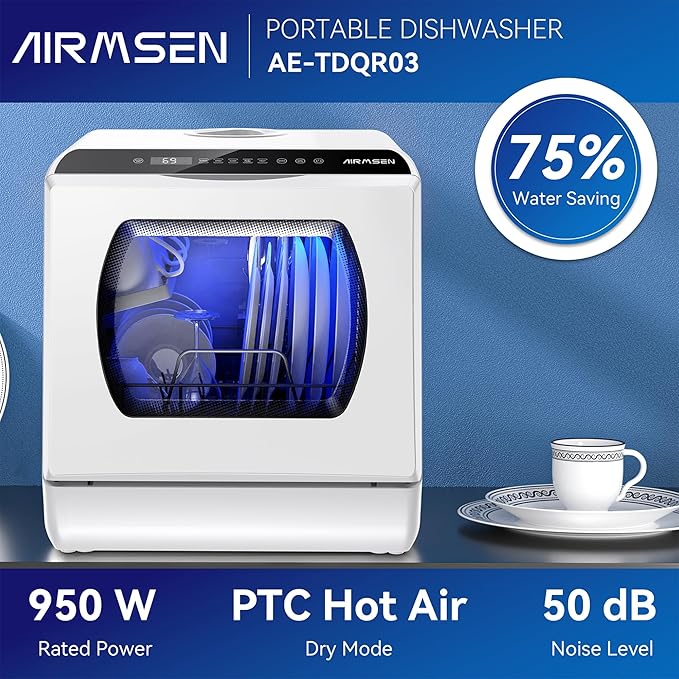AIRMSEN Portable Countertop Dishwashers, 5 Washing Programs Mini Dishwashers with 5 L Built-in Water Tank and Double-layered Glass Door, No Hookup Needed for Home, Apartments & RVs