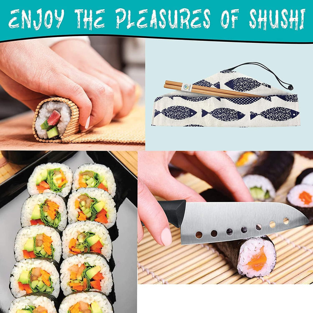 Sushi Making Kit, 22-in-1 Sushi Roller Kit with Bamboo Sushi Rolling Mat, Sushi Bazooka, Avocado Knife, Sushi Knife, Chopsticks, Sauce Dishes, Rice Spreader & More DIY Sushi Party Gift