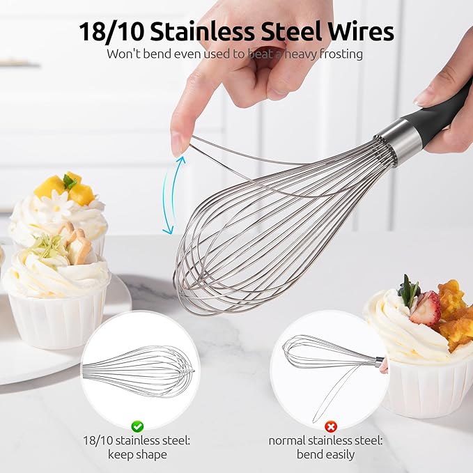 U-Taste Balloon Whisk for Cooking: 18/10 Stainless Steel Kitchen Wire Whisk, 12in Large Heavy Duty Egg Beater, Manual Mixing Tool with 12 High Flex Wires for Stirring, Blending Sauce (Black)