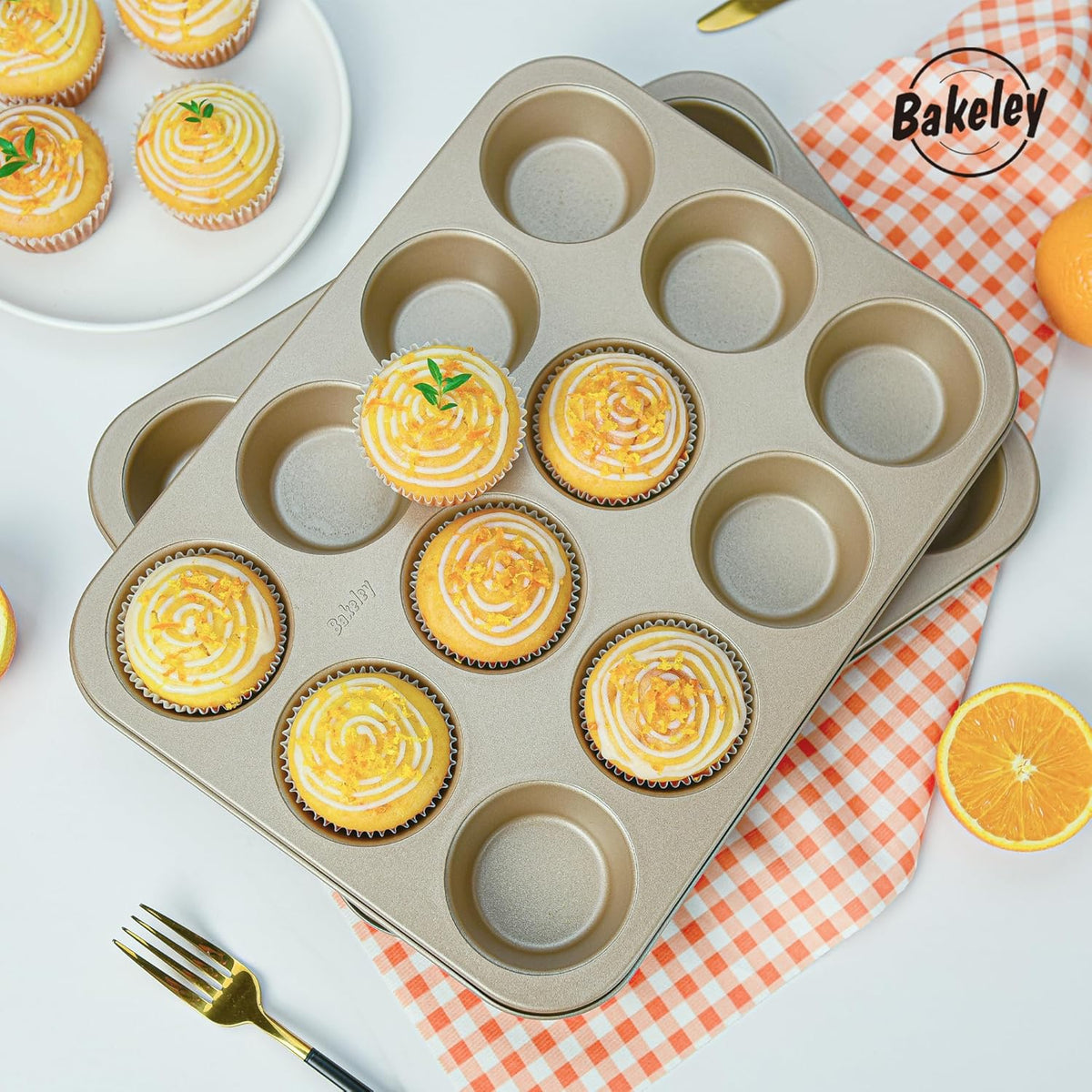 Muffin Cake Pan, 12-Cavity Non-Stick Cupcake Pan Bakeware for Oven Baking Set of 2 (Champagne Gold)