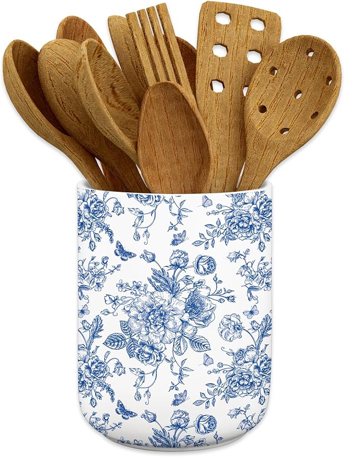 JarThenaAMCS Chinoiserie Floral Ceramic Utensil Holder Blue Flower Butterfly Utensil Crock for Home Kitchen Countertop Storage Organizer Container