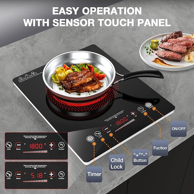 VBGK Single Burner Electric Cooktop,110V 1800W Electric Stove Top with LED Touch Control,Single electric burner 9 Power Levels, 4 hTimer, Safety Lock,Overheat protection