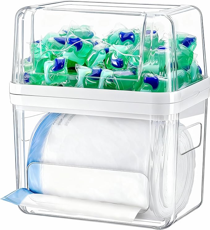 Trash Bag Dispenser Dishwasher Pod Organizer, 3 in 1 Grocery Garbage Bags Holder Storage Box Clear Laundry Room Pods Dishwasher Tab Cleaner Tablets Container Pantry Kitchen Under Sink Organizers
