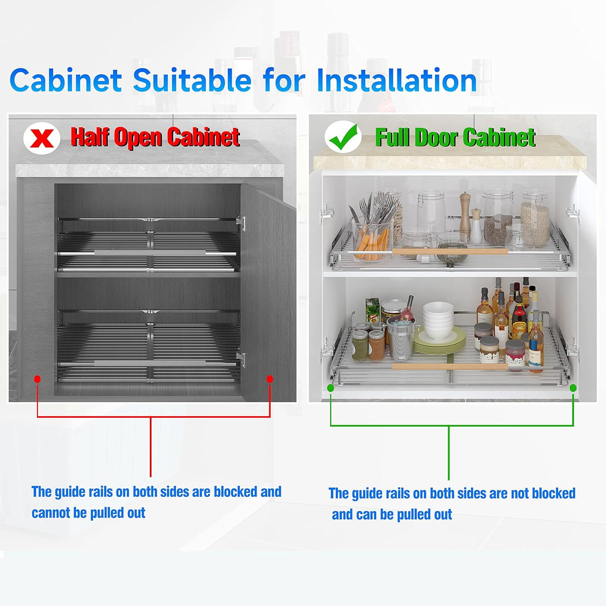 Expandable Pull Out Cabinet Organizer,12.2~17.9"W x 22.5"D Heavy Duty Slide Out Shelves Adjustable Height Cabinet Pull Out Shelves,Expandable Width Spice Rack Organizer for Kitchen Cabinet