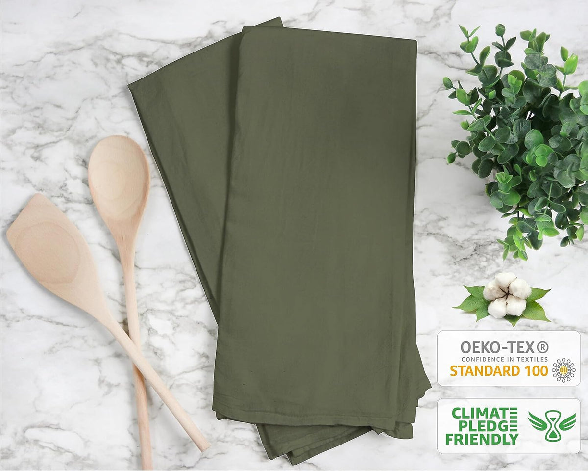 RUVANTI Flour Sack Towels 4 Pack 28x28 Inch, 100% Cotton Tea Towel, Reusable, Machine Washable, Absorbent BarTowels - Dish Cloth Perfect for Drying Dishes & Cleaning - Martini Olive