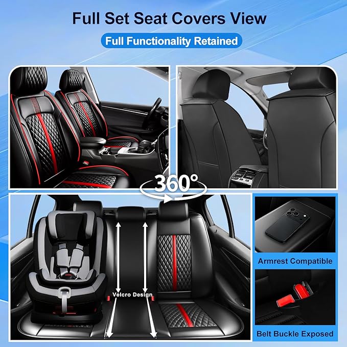 Fit Accord Car Seat Covers for Select Honda Accord 2012-2026 - Premium Full Coverage Leather, Airbag Compatible, Waterproof & All Weather Seat Cushion Protector, Full Set, Black with Red Trim