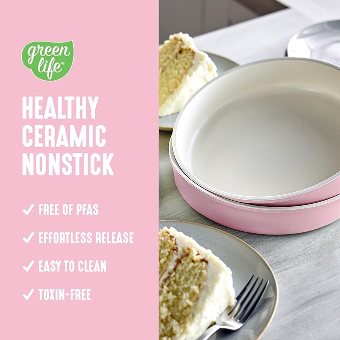 GreenLife 6 Piece Nonstick Bakeware Set, Non-Toxic PFAS-Free Ceramic Oven Pans, Dishwasher & Oven Safe to 450°F, Easy Release Baking Sheet, Loaf Pan, Rectangle & Round Cake, Muffin Pan, Pink