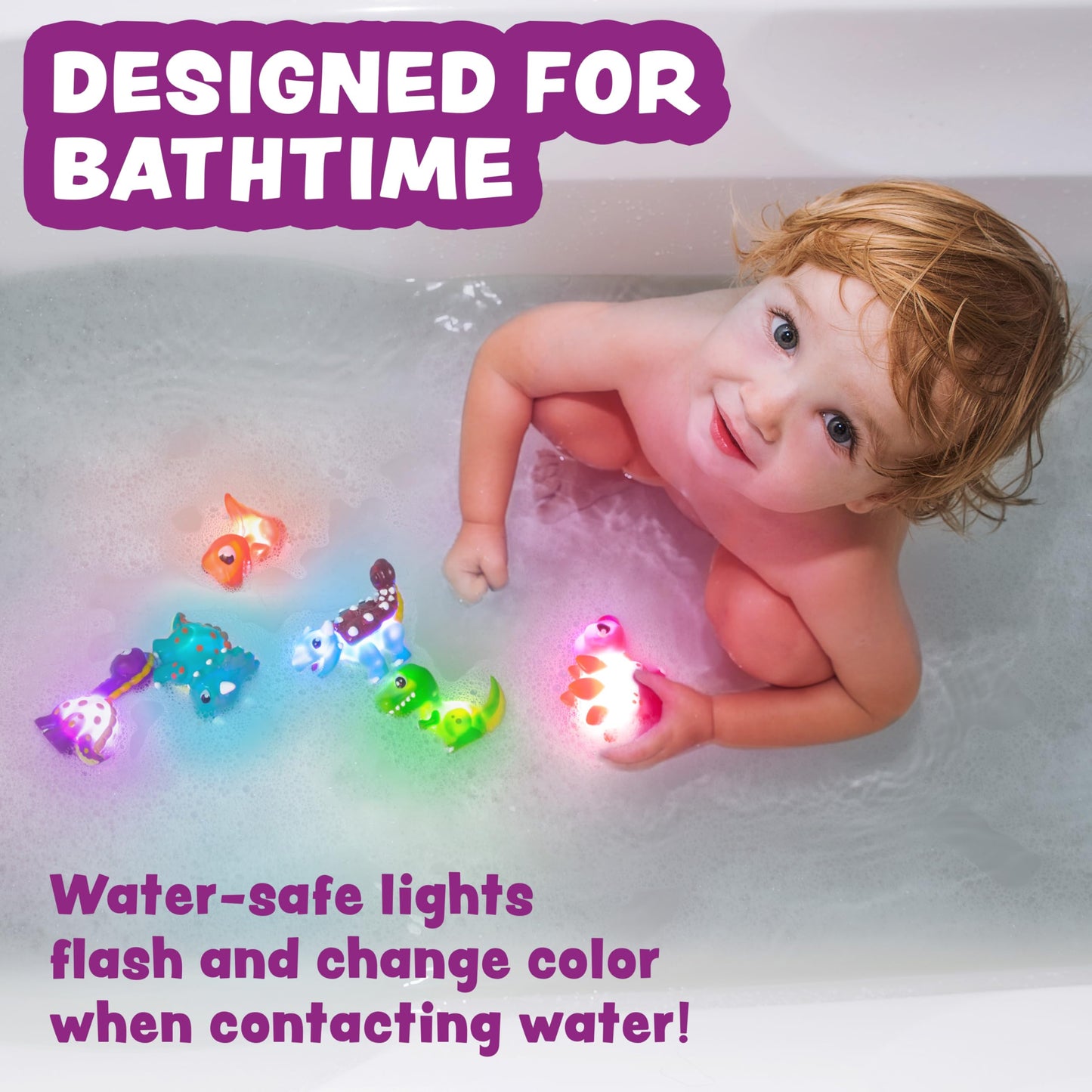 Tub Works® Dinos™ Dinosaur Light Up Bath Toys, 6 Pack | Water-Activated Light Up Toys Flash & Change Color | Easy-Grip Baby & Toddler Bath Toys | Sensory Bath Lights Watertight Bathtub Toys