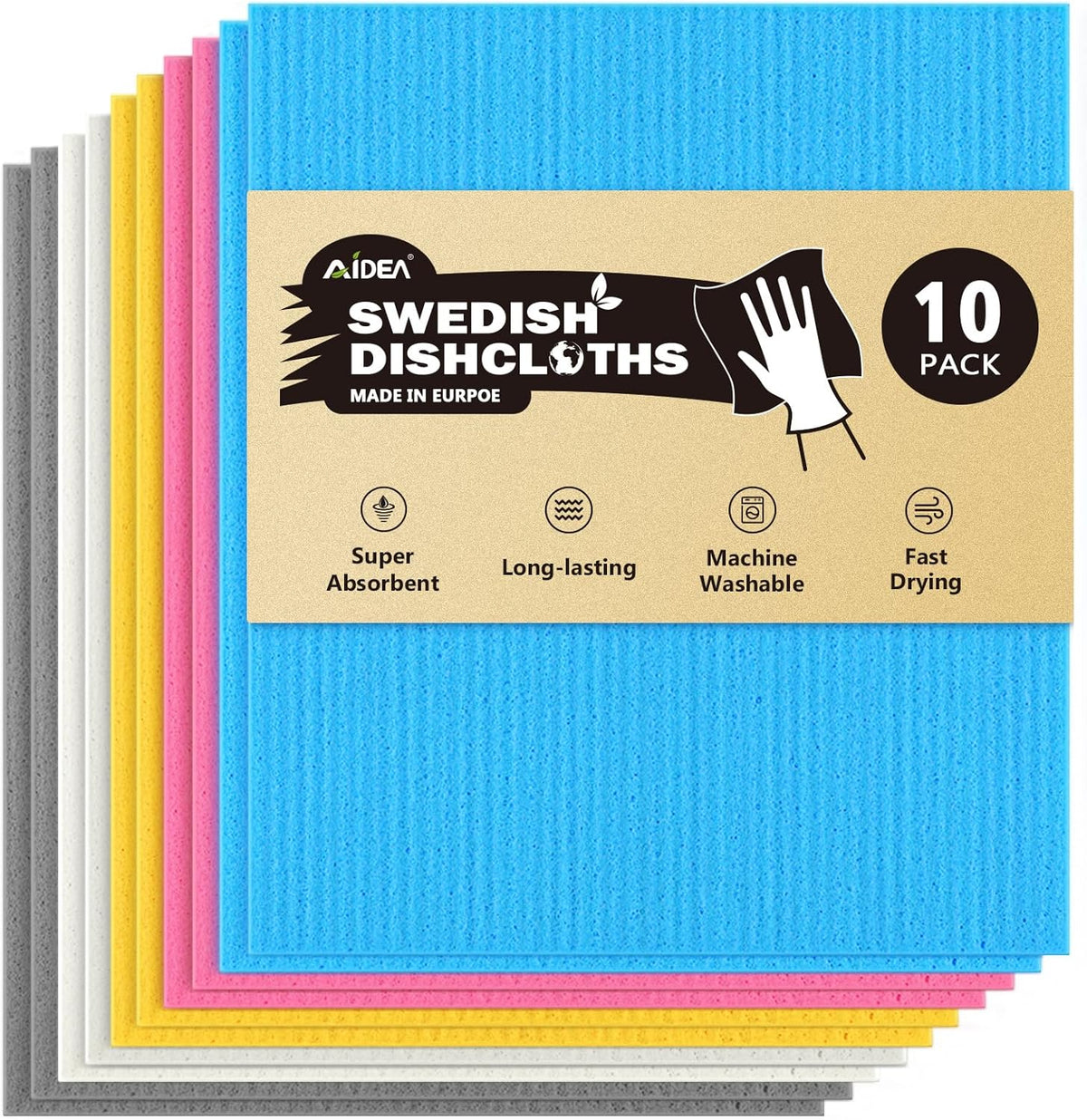 AIDEA Swedish Dishcloths for Kitchen-10PK, Absorbent Sponge Dish Cloth, Dishcloths for Washing Dishes, Reusable Paper Towels Dish Cloths, Swedish Towels for Home, Kitchen, Glass, 7" x 6"