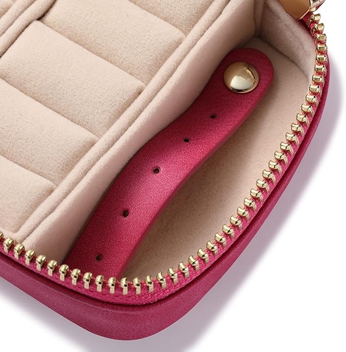 HISCOW Vegan Leather Travel Jewelry Case with Zipper - Portable Necklace & Earring Holder Organizer for Women Girls, Velvet-Lined Ring Box with Anti-Tarnish Design, Rose Red
