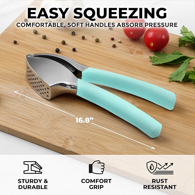 Zulay Kitchen Comfort Grip Garlic Press - Garlic Mincer Tool - Garlic Crusher - Garlic Press Mincer Rust Proof, with Soft Ergonomic Handle, Easy Clean Set with Peeler and Brush - Light Blue