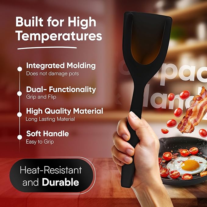 Egg Flipper Spatula Tongs (Set of 2) – Non-Stick 2-in-1 Grip & Flip Kitchen Tongs for Pancakes, Fish, Eggs, and More – Heat Resistant Cooking Tool (Black)