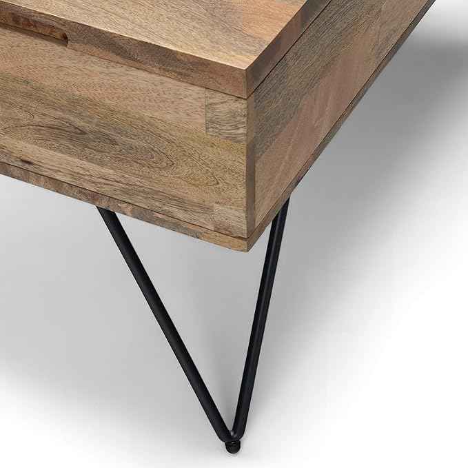 SIMPLIHOME Hunter Lift Top Coffee Table - 32 inch Wide Solid Mango Wood and Metal Industrial Square Cocktail Table in Natural, Living Room Table with Dual Lift Tops, Hidden Storage and Hairpin Legs