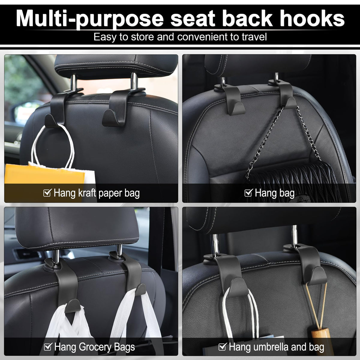 LivTee Car Seat Headrest Hook, Auto Seat Hook Hangers Storage Organizer Interior Accessories for Purse Coats Umbrellas Grocery Bags Handbag, 4-Pack