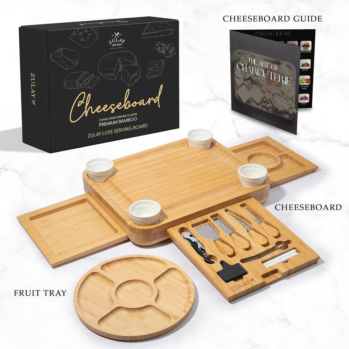 Zulay Kitchen Deluxe Bamboo Cheese Board Set - Extra Thick Bamboo Charcuterie Board Set with 4 Piece Knife Set - Wooden Cheese Board is Perfect for Charcuterie, Wine and Cheese - Luxe