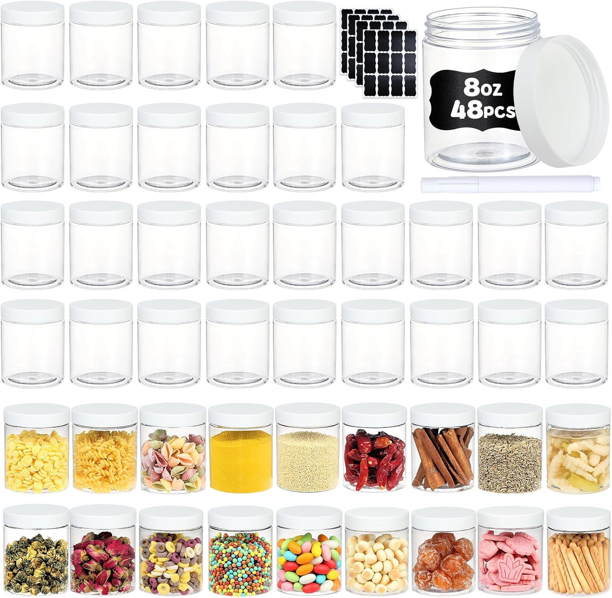 48 PCS 8 OZ Plastic Jars with Screw On Lids,Labels Refillable Empty Round Slime Containers for Storing Dry Food, Honey Jam, Cream, Butter, Lotion, White