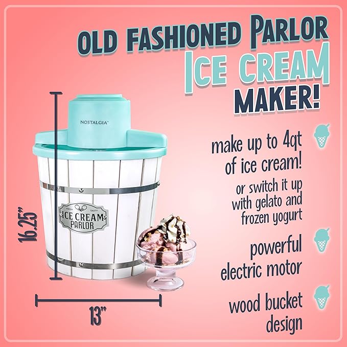Nostalgia Electric Ice Cream Maker – Wood Bucket Parlor Style, Old Fashioned Soft Serve Ice Cream Machine Makes Frozen Yogurt or Gelato in Minutes - Fun Kitchen Appliance – White & Aqua - 4 Quart