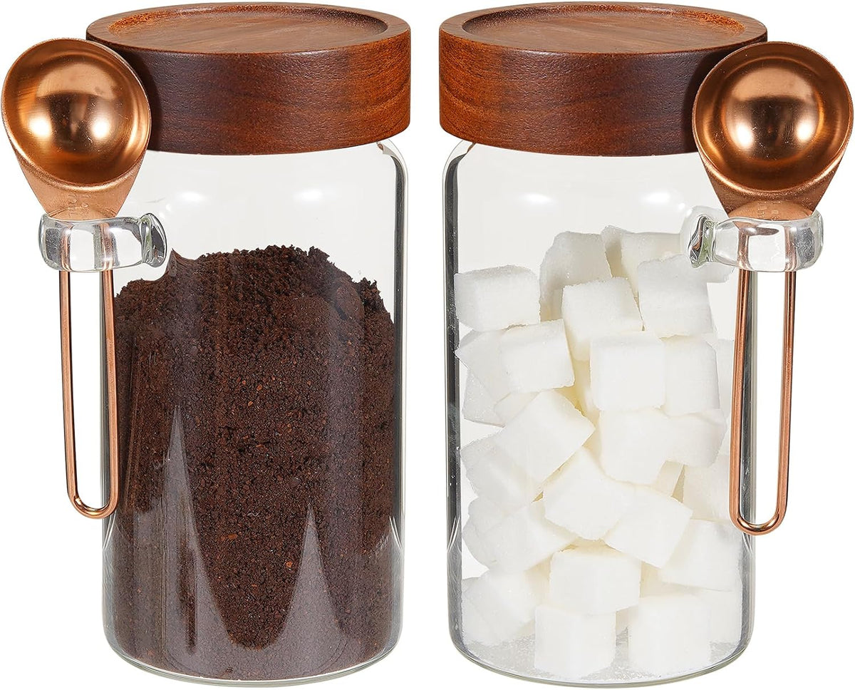 Glass Coffee Jars Spice Jar Round Storage Canister with Wooden Lid Clear Glass Food Jar for Pantry Sugar Tea Coffee Bean Spice Nuts Cookies Bath Salts (2×550ml(18oz) with spoon)
