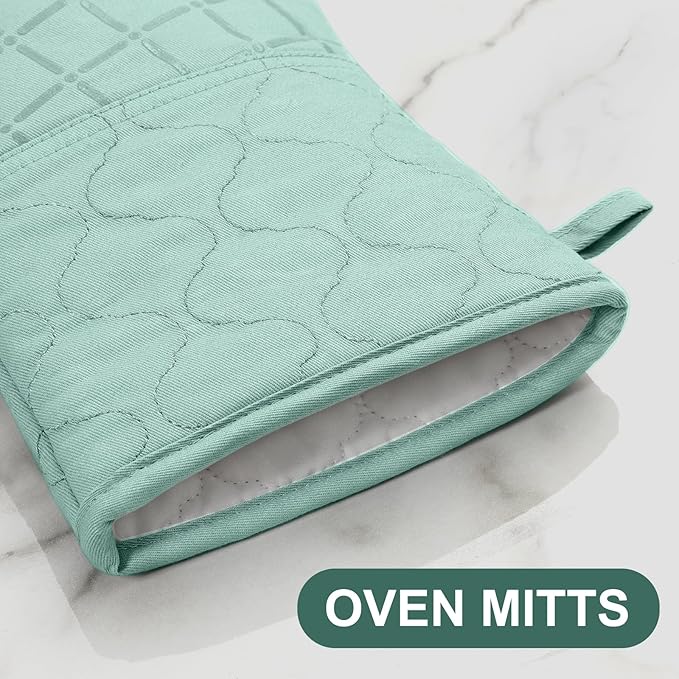 Oven Mitts Pot Holders Sets/Kitchen Towels and Dishcloths, Oven Gloves Kitchen Dish Towels 500 Degree Heat Resistant Potholders with Non-Slip Silicone Surface for Cooking, Grilling, Baking-Mint Green