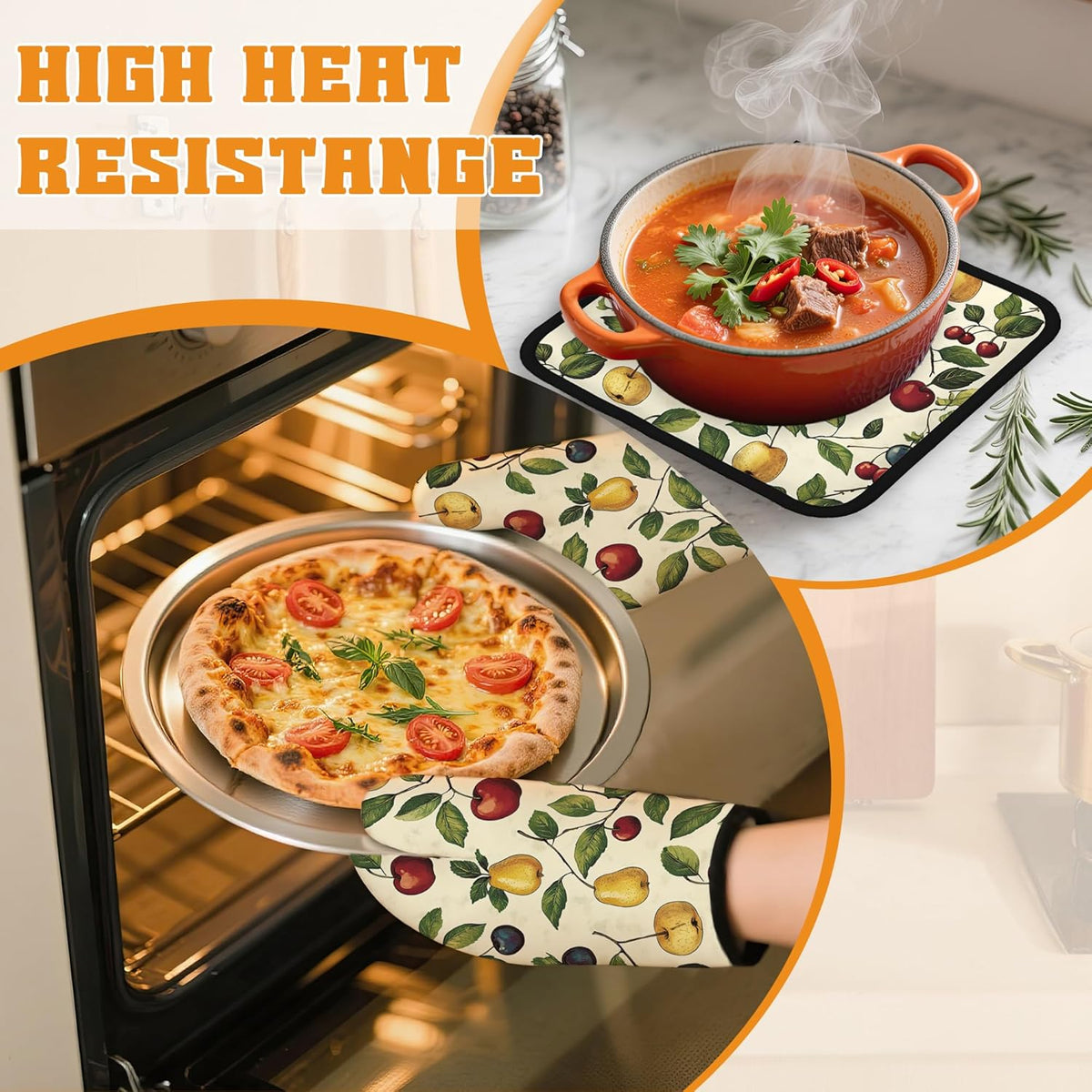 Retro Fruit Oven Mitts and Pot Holders Set,Cherry Kitchen Oven Gloves and Pot Holder with Heat Resistant Non Slip for Cooking Baking Grilling(4 Piece Set)