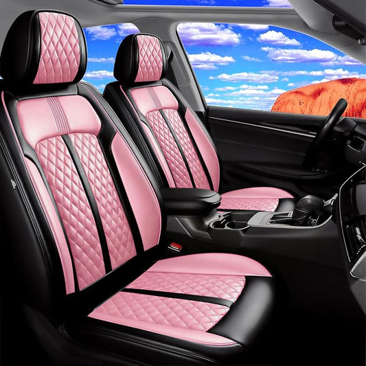 Fit Civic Car Seat Covers for Honda Civic 2020-2026 Sedan(Not for Coupe) - Premium Full Coverage Leather, Waterproof All Weather Breathable Seat Cushion Protector, Front Pair Black+Pink