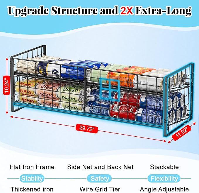 2-Pack Stackable Can Organizer for Pantry Shelf, Adjustable Extra-Long Rolling Can Rack for Kitchen Cupboard Storage, Sturdy Standing Can Holder for Canned Food Goods Soda up to 128, 2 Tier, Black